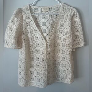 Cream Lace Crochet V-Neck Blouse